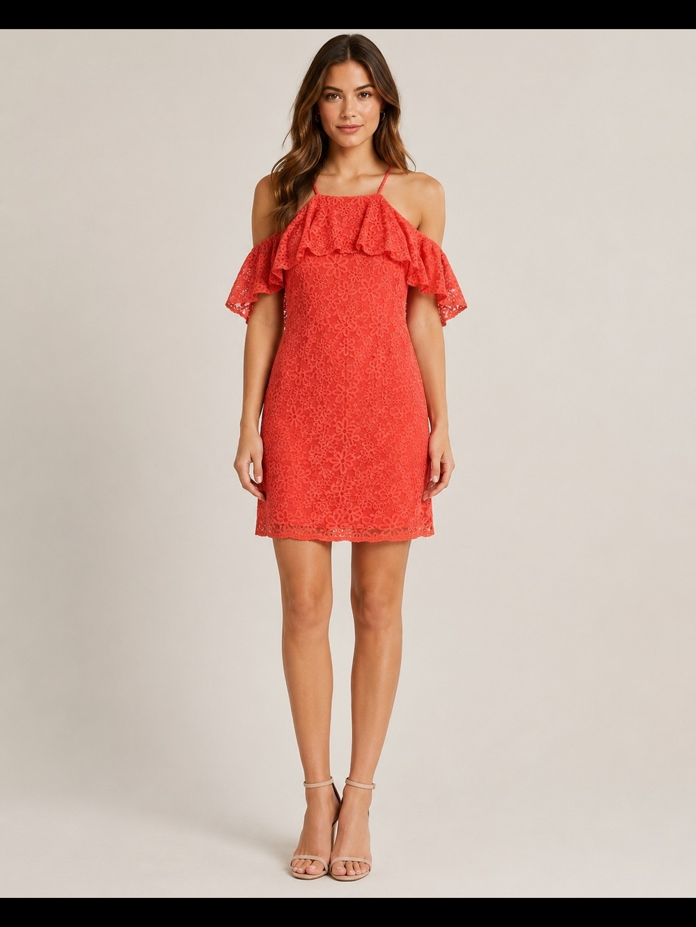 Trina Turk Womens Coral Lace Ruffle Cold-Shoulder Halter Mini Dress Size S